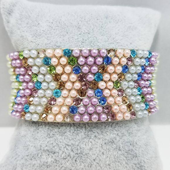 Faux Pearl Rhinestone Hinged Silver Tone Bracelet, 7 Inches - Picture 2 of 8